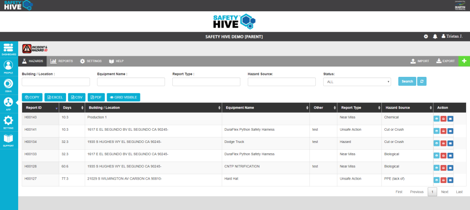 screenshot of Incident & Hazard ID